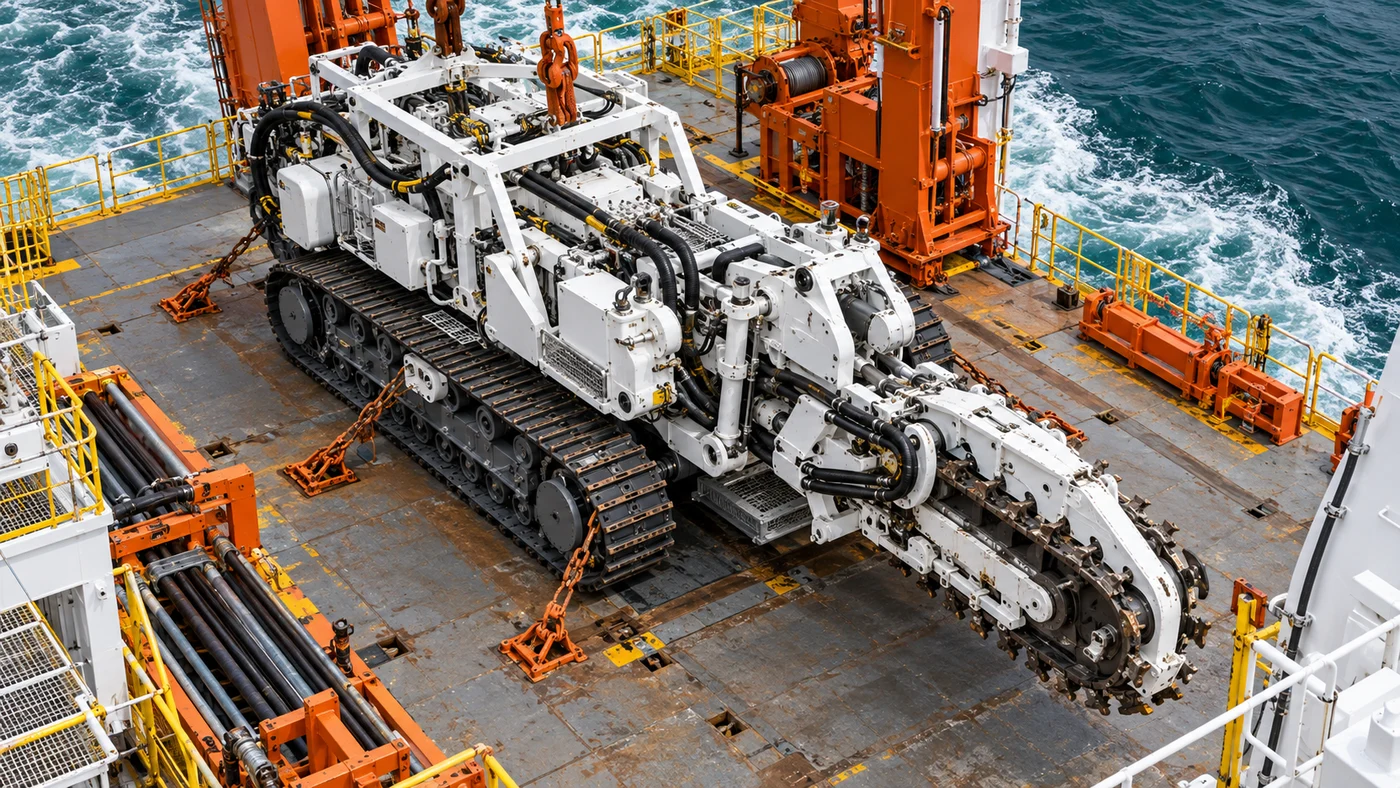 Tracked subsea burial equipment on an offshore vessel deck