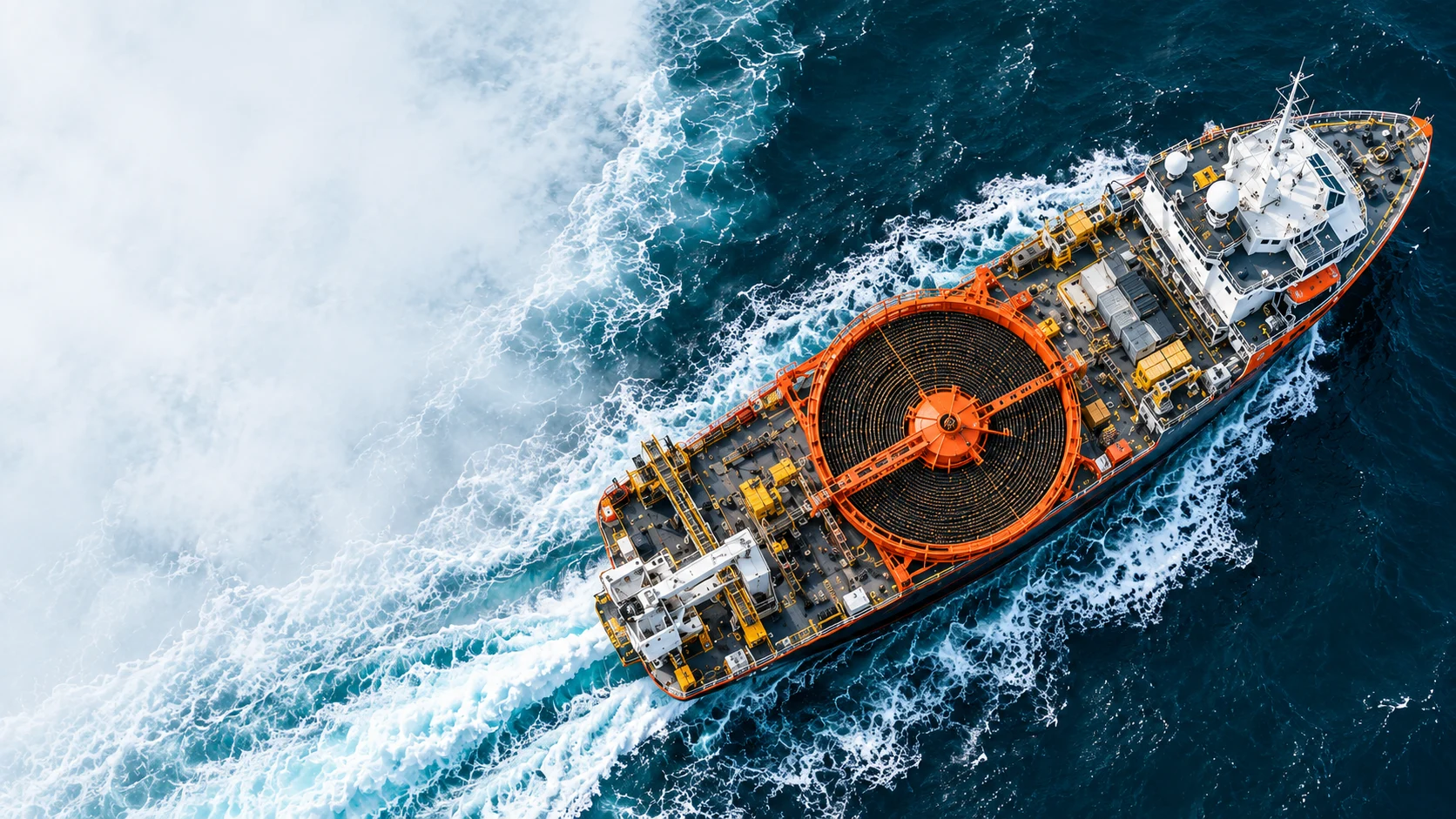 Aerial view of a cable-laying vessel with an orange cable carousel in teal ocean