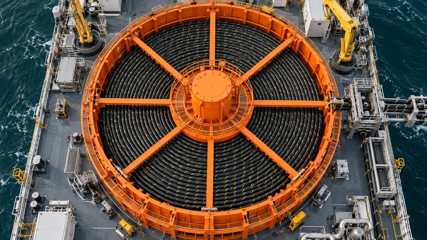 Safety-orange cable carousel loaded with tightly wound black subsea cable