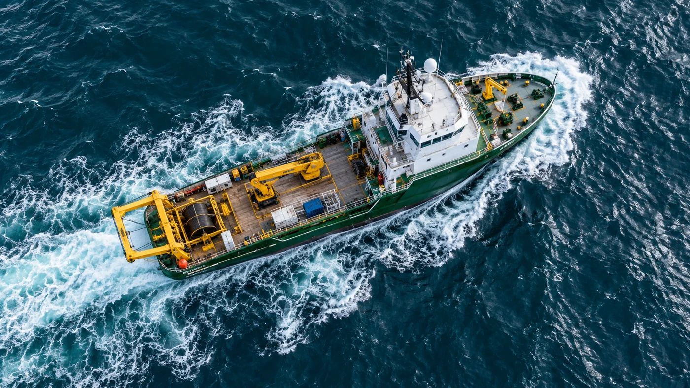 Overhead view of a survey vessel and its wake in teal water